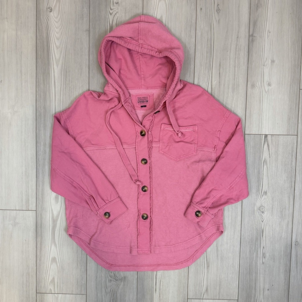 American Eagle AE Big Hug Hooded Shacket Pink‎ XS/S Loose Fit Waffle Texture